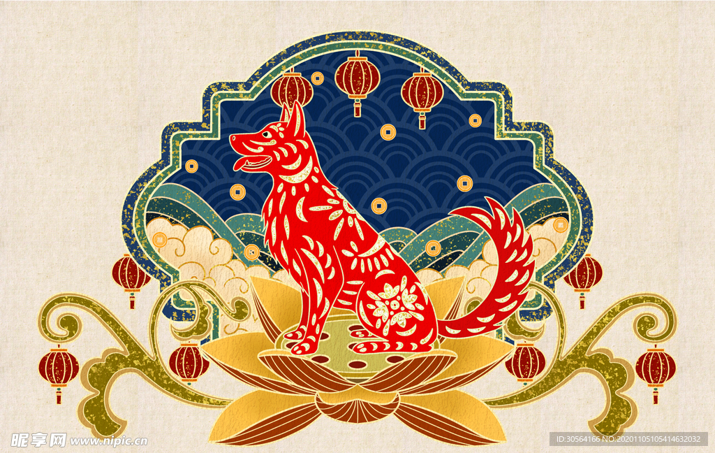 狗年生肖复古插画背景海报素材