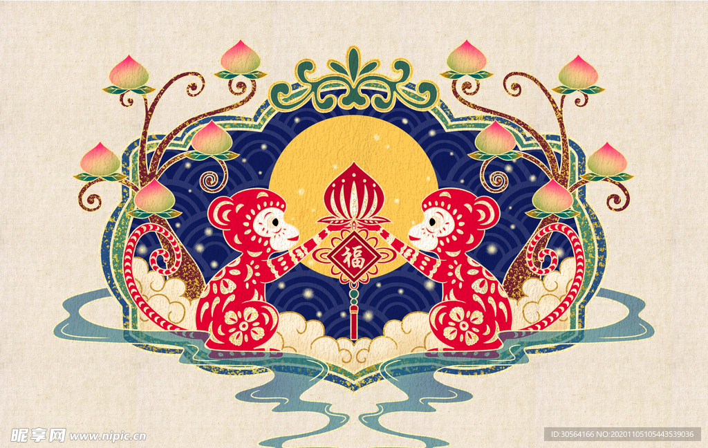 猴年剪纸复古插画背景海报素材