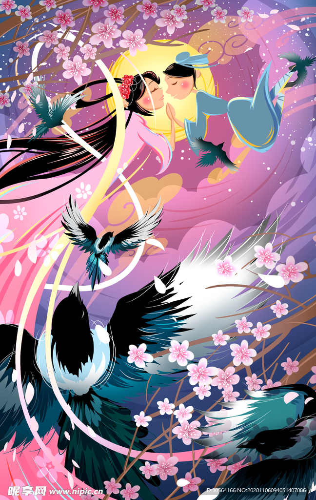 七夕人物复古传统背景海报素材