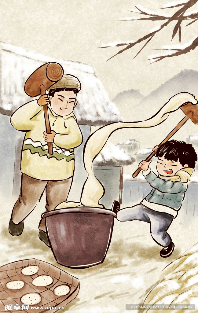 打年糕新年复古传统背景海报素材