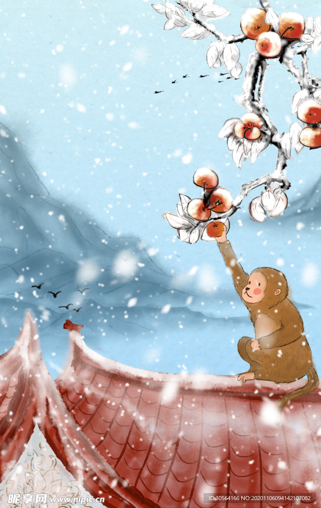 冬季猴子摘柿子背景海报素材