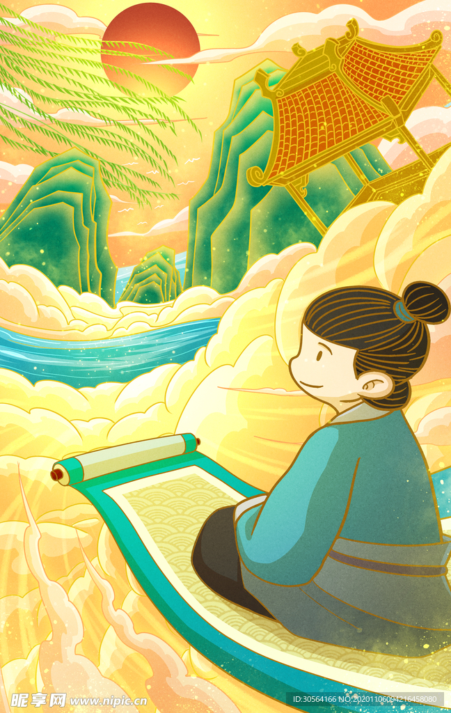 画轴人物复古插画背景海报素材