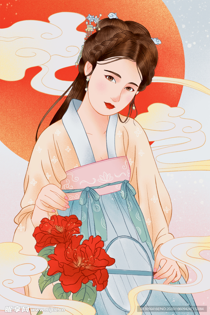 汉服人物复古插画背景海报素材