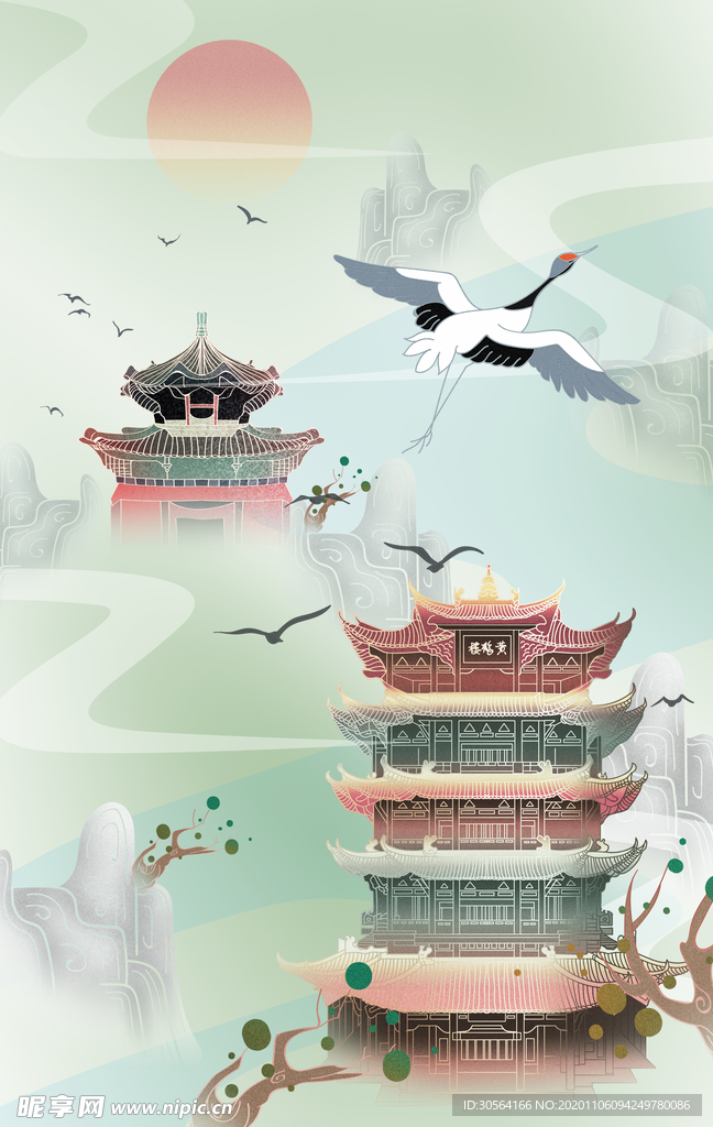 黄鹤楼仙鹤插画清新背景海报素材