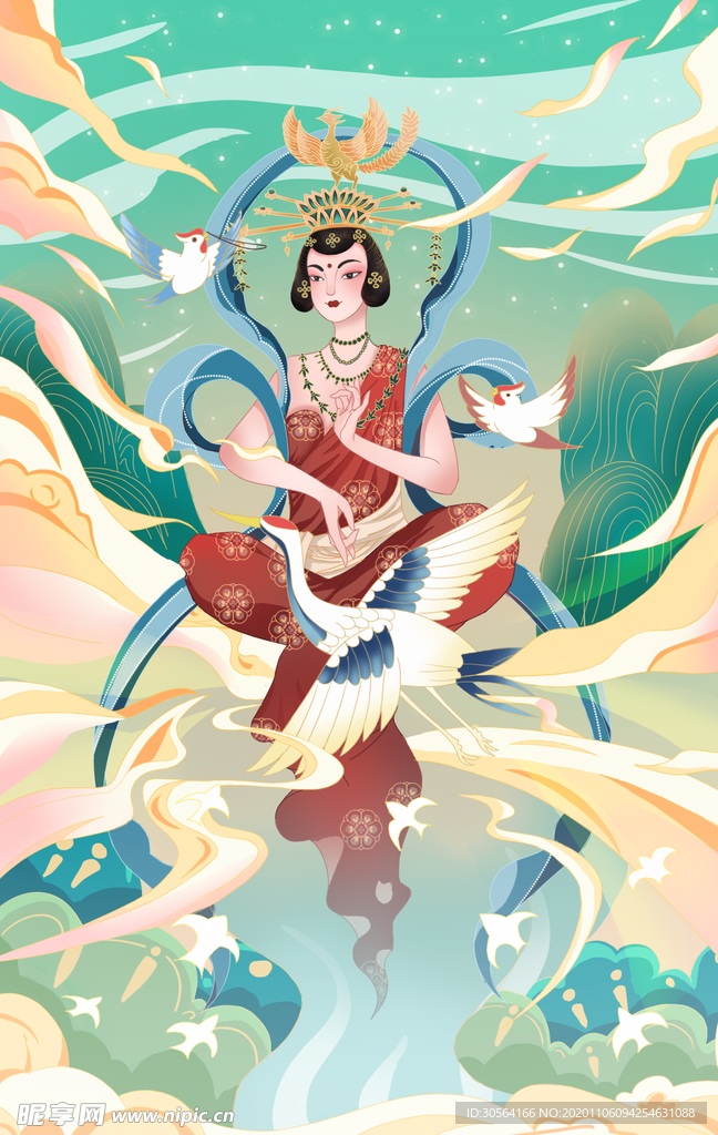 敦煌仙女插画清新背景海报素材