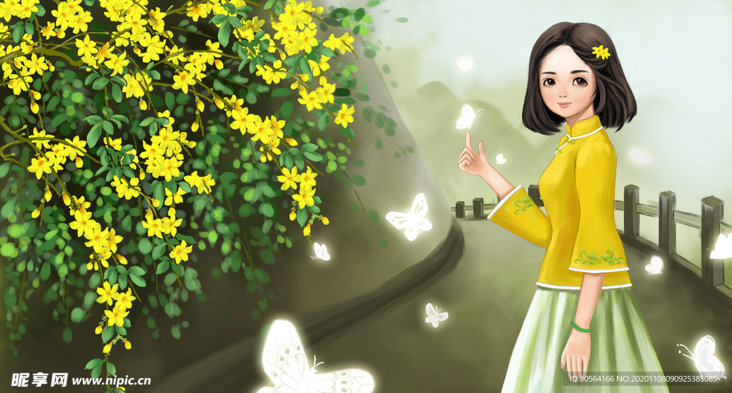 人物女性清新插画背景海报素材