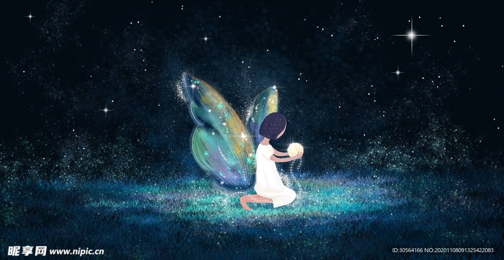 少女翅膀夜晚插画背景海报素材