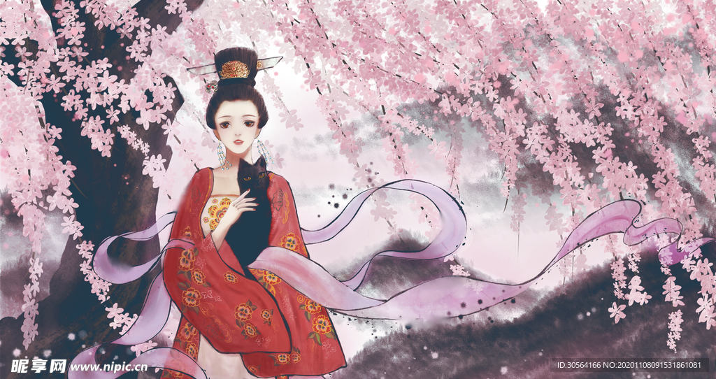 桃花林女性人物插画背景海报素材