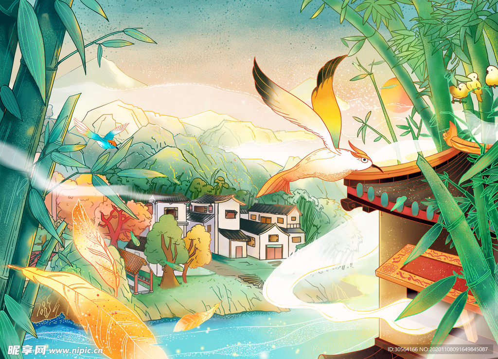 飞鸟翠竹清新插画背景海报素材