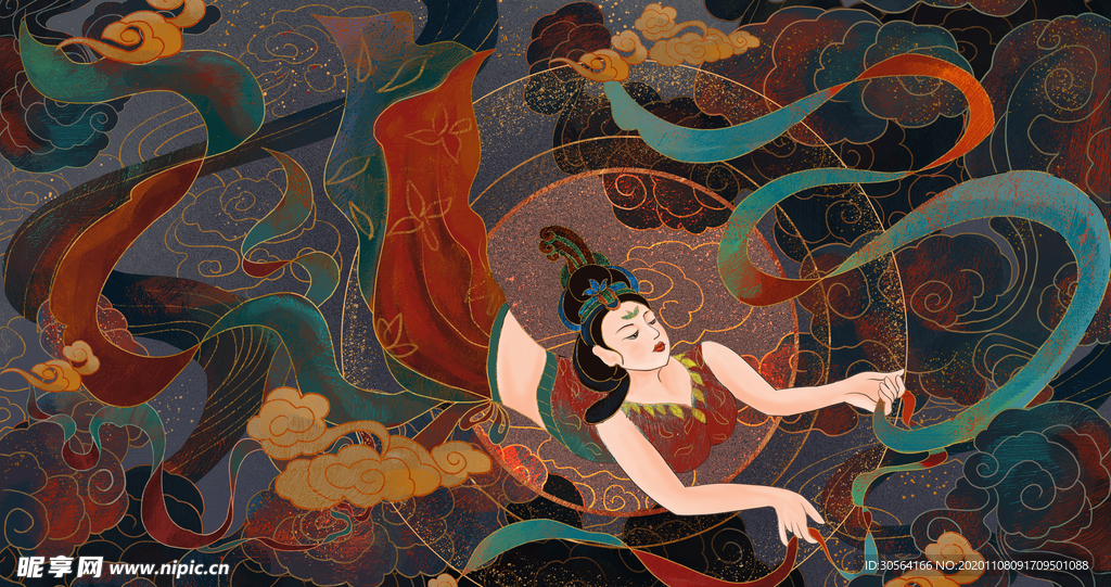 敦煌壁画仙女插画背景海报素材