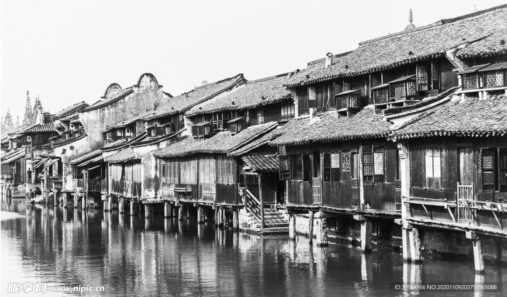 小镇建筑复古黑白背景海报素材