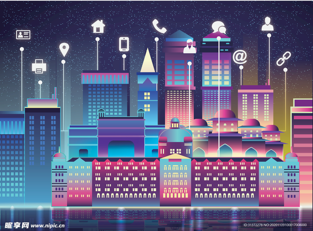 炫彩城市夜景矢量素材图片