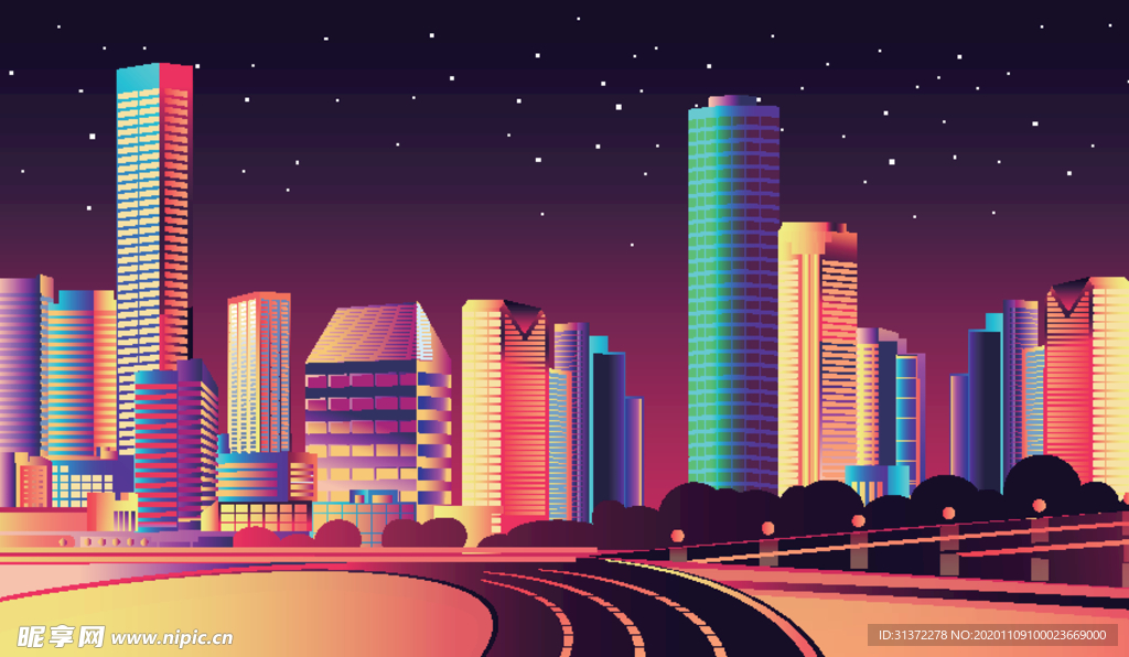 炫彩城市夜景矢量素材图片