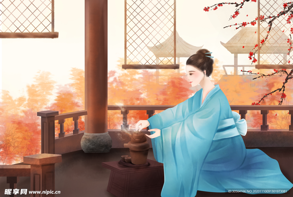 泡茶人物插画卡通背景海报素材