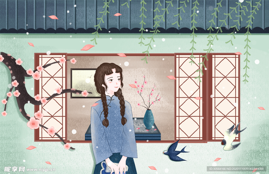 民国少女清新复古背景海报素材