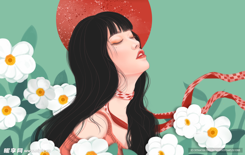 人物女性花朵清新插画背景素材