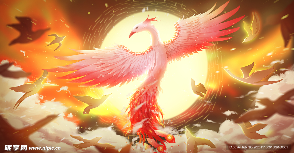 凤凰百鸟复古传统背景素材