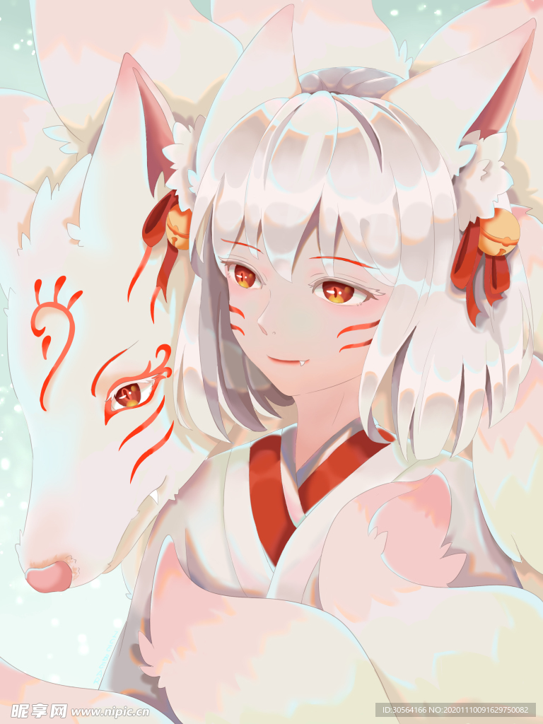 白狐少女传统复古插画背景素材