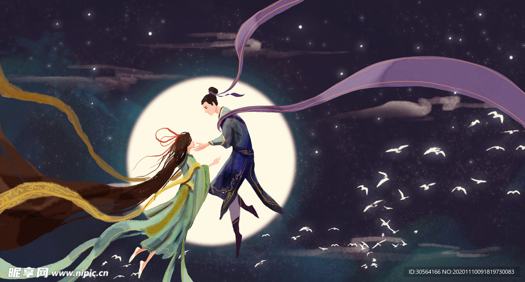 七夕节日传统复古插画背景素材