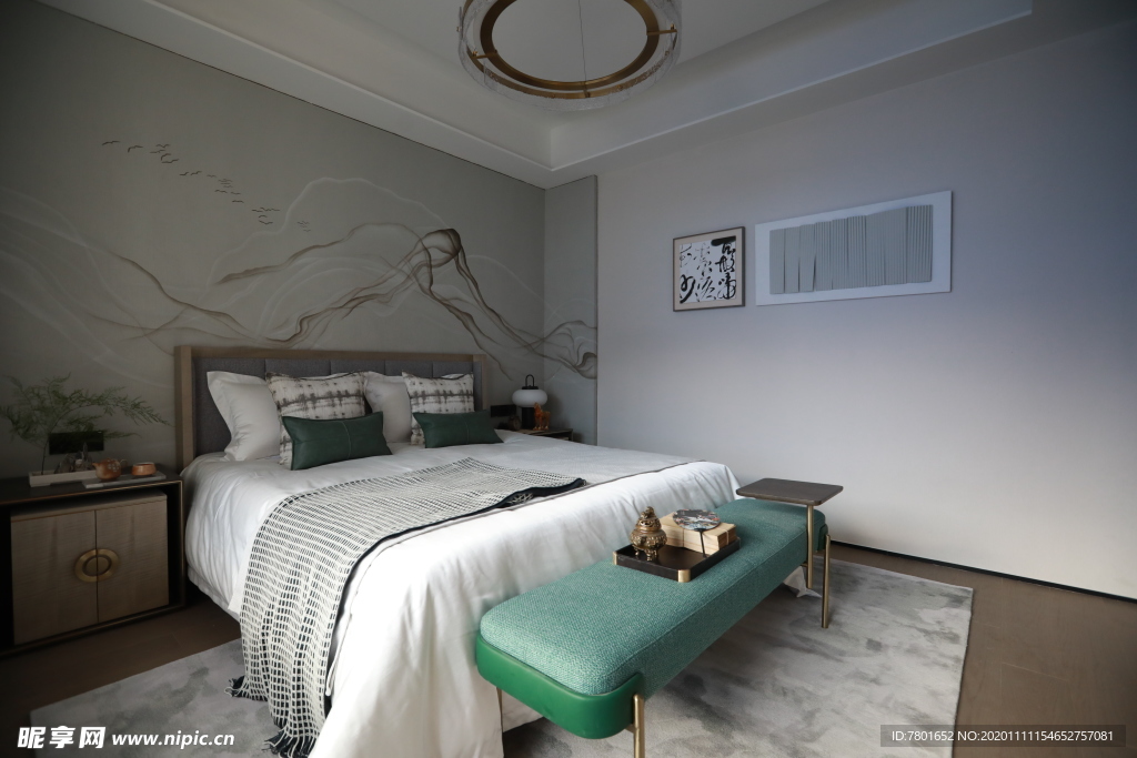 地产 新中式 别墅 实拍 主卧