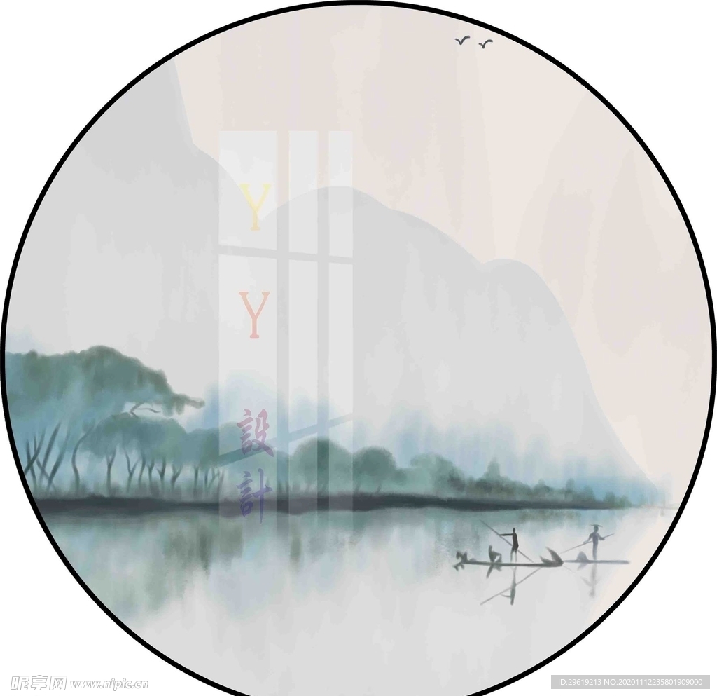 新中式意境山水圆形装饰画图片