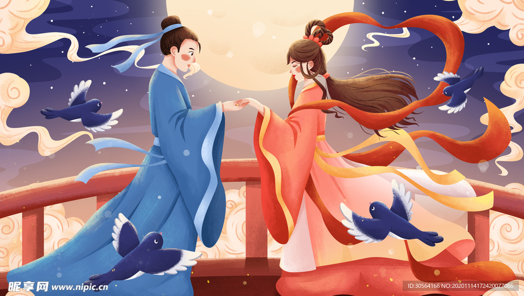 七夕人物插画复古背景海报素材