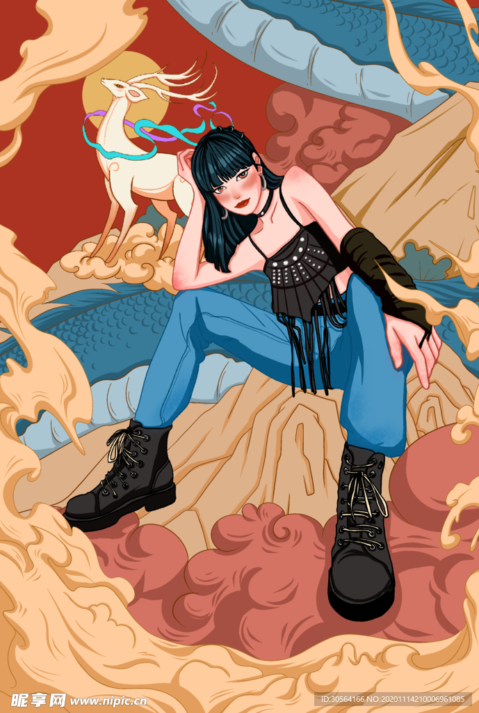 国潮女性人物复古背景海报素材