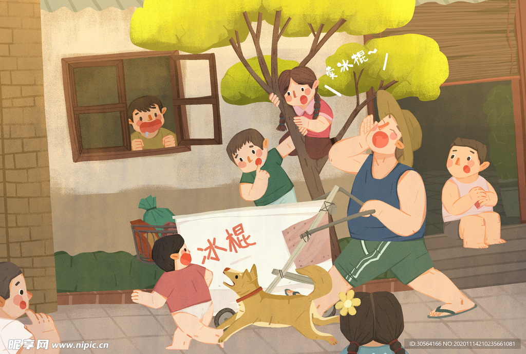 卖冰棍插画卡通人物背景海报素材