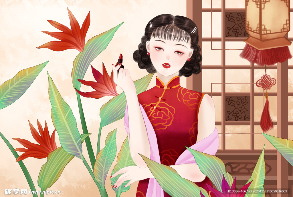 民国女性人物复古背景海报素材