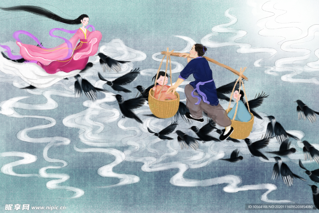 七夕人物传统插画背景海报素材