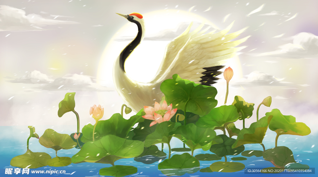 仙鹤荷花清新插画背景海报素材