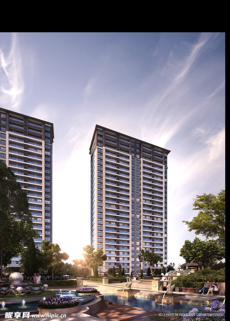 小区别墅洋房黄昏园林景观