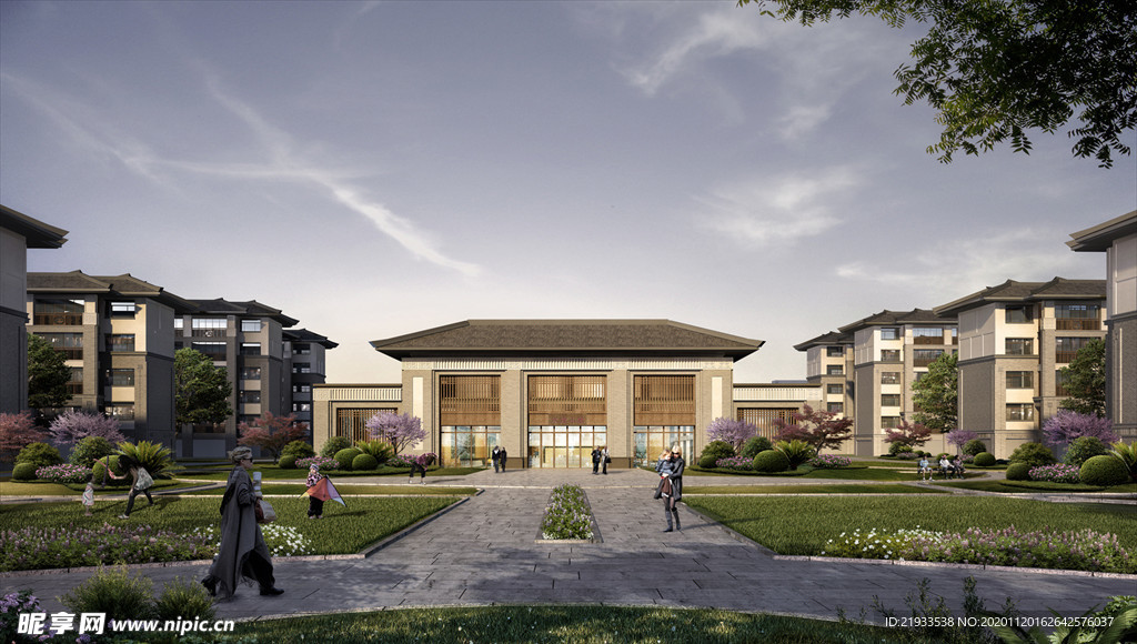 小区大门入别墅洋房黄昏园林景观