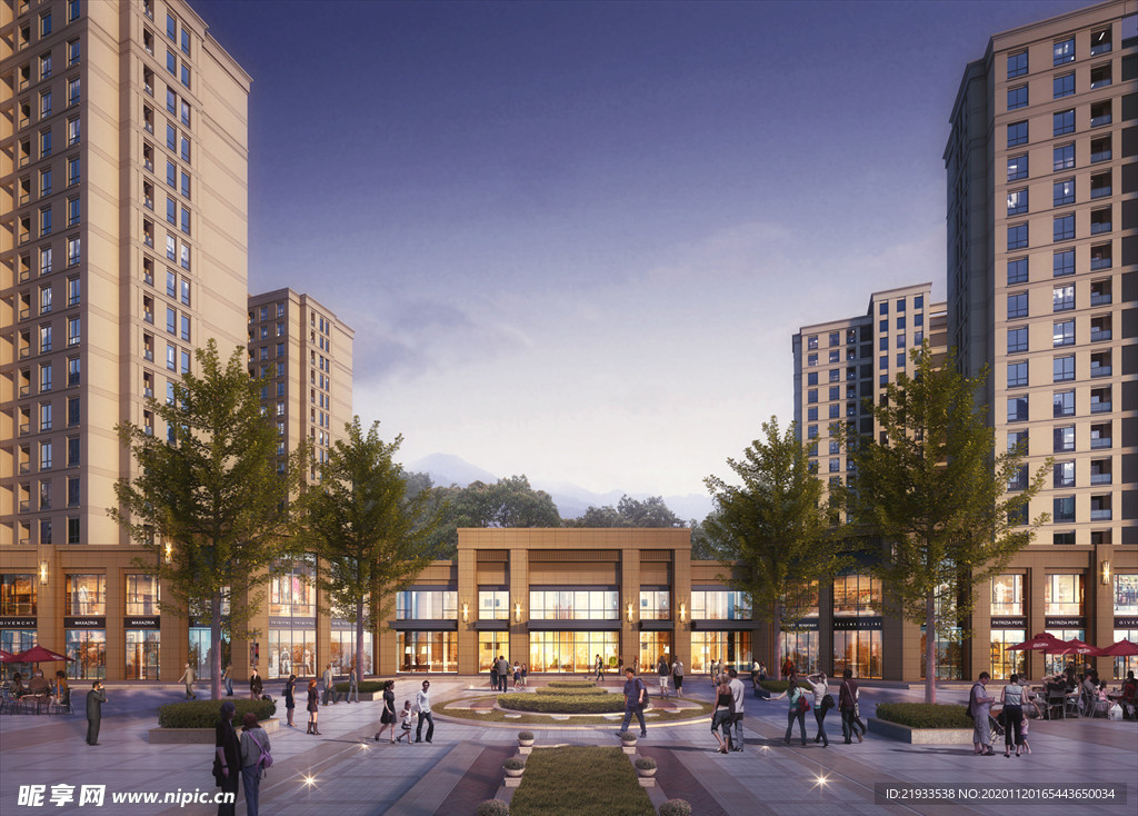 小区别墅洋房黄昏园林景观