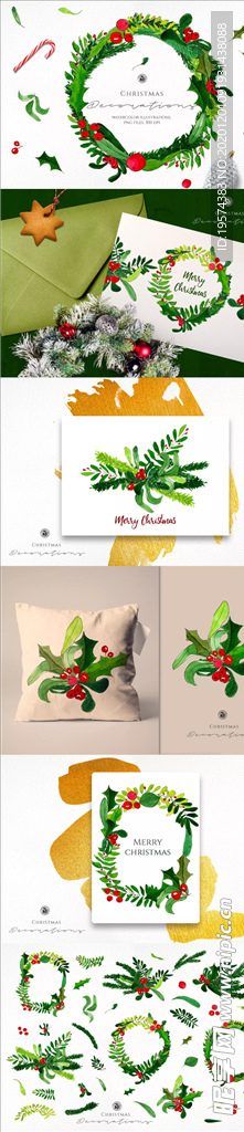 水彩圣诞装饰品