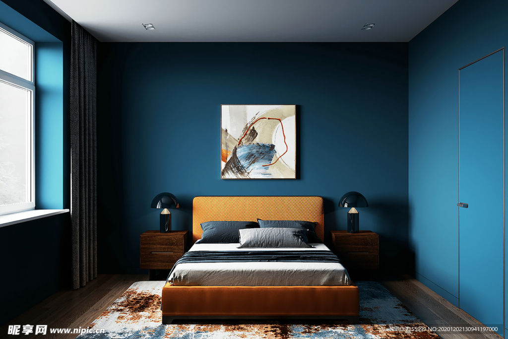 蓝色 墙纸 卧室 展示