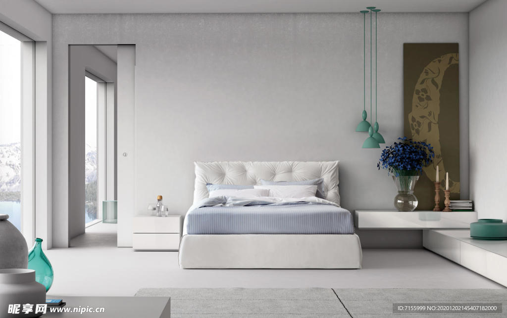 现代客厅浅色和蓝绿色装饰