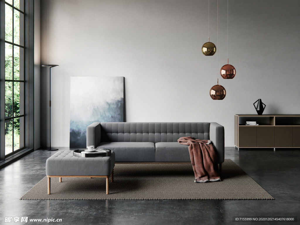 现代北欧客厅灰色沙发