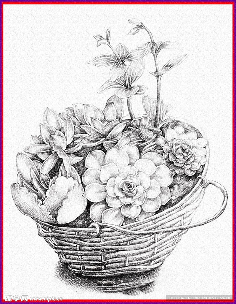 素描 一篮子花