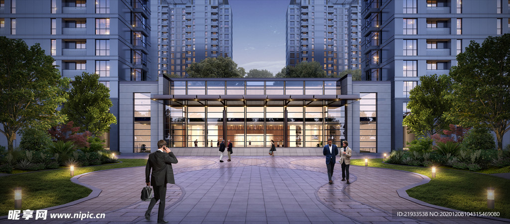 小区大门入口墅洋房黄昏园林景观