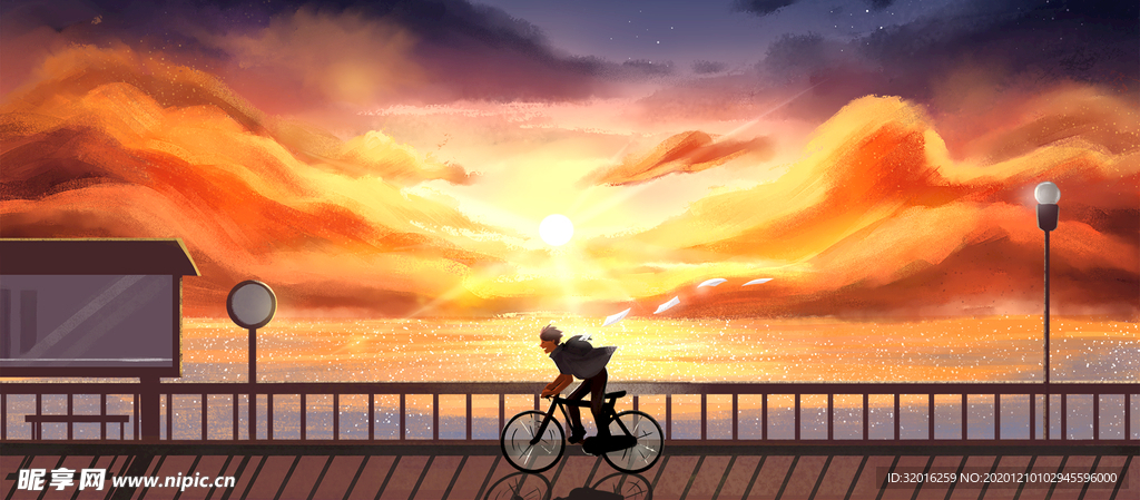 夕阳下的单车少年插画