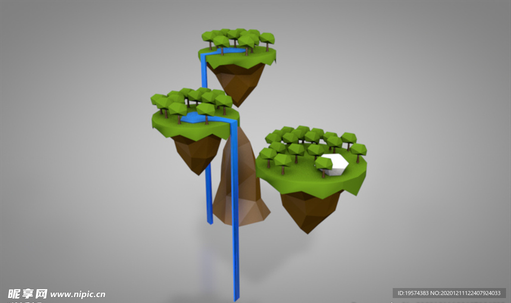 C4D 模型 瀑布树木岛屿