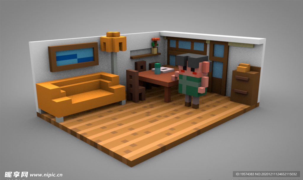 C4D 模型 像素化房间