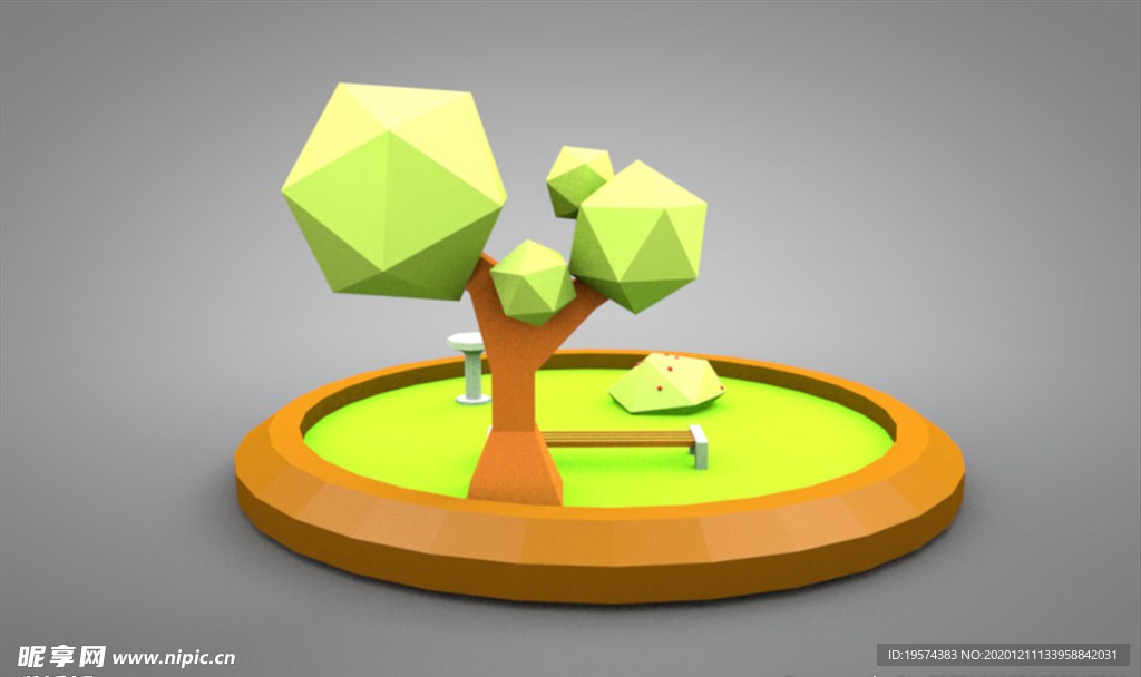 C4D 模型 树木花坛水池草坪
