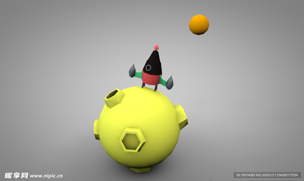 C4D 模型 低面体火箭星球