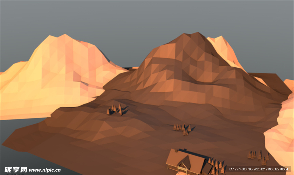 C4D 模型山小楼房房子木头