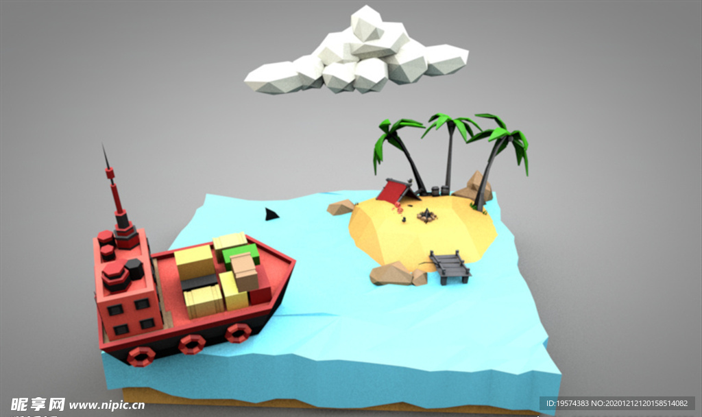 C4D 模型轮船芭蕉河水