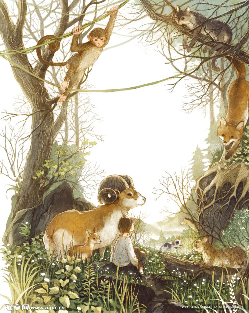 女孩森林卡通插画场景背景素材