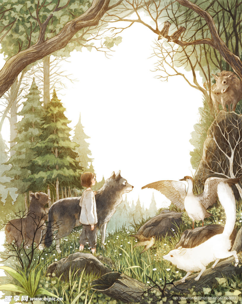 女孩森林卡通插画场景背景素材