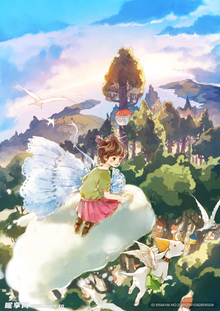 女孩幻想卡通插画场景背景素材